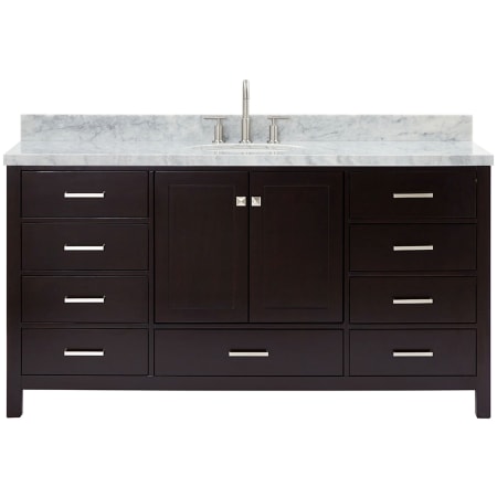 Ariel Cambridge 67" Free Standing Single Oval Basin Vanity Set with Cabinet and 1-1/2" Thick Carrara Marble Vanity Top Espresso