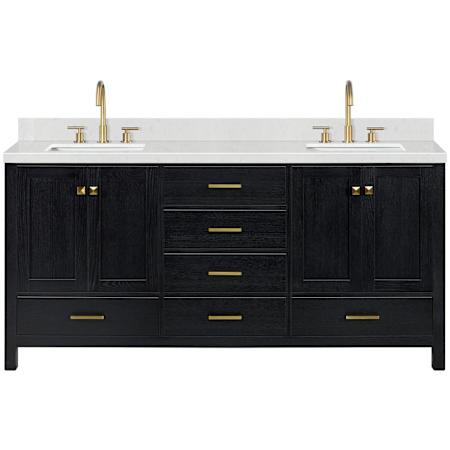 Ariel Cambridge 72" Free Standing Double Basin Vanity Set with Cabinet, Quartz Vanity Top, and Rectangular Bathroom Sink Black Oak / Carrara White Quartz / Satin Brass Hardware
