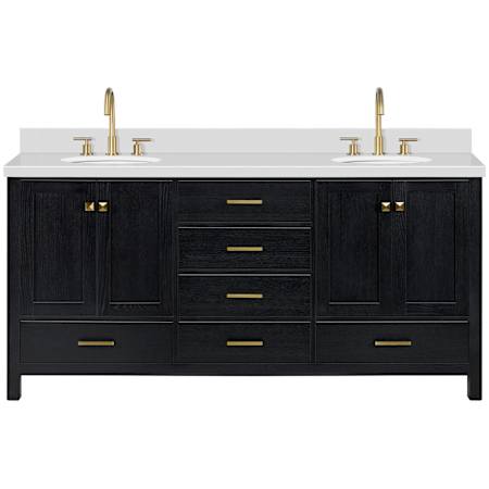 Ariel Cambridge 72" Free Standing Double Basin Vanity Set with Cabinet, Quartz Vanity Top, and Oval Bathroom Sink Black Oak / Pure White Quartz / Satin Brass Hardware