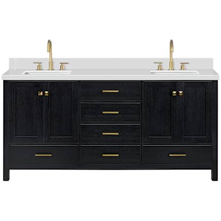 Ariel Cambridge 72" Free Standing Double Basin Vanity Set with Cabinet, Quartz Vanity Top, and Rectangular Sink Black Oak / Pure White Quartz / Satin Brass Hardware