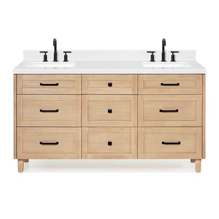 Ariel Monroe 66" Free Standing Double Basin Vanity Set with Carrara White Quartz Countertop 1-1/2" Edge Oak