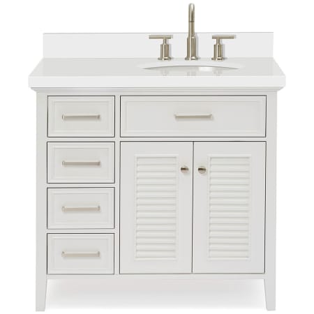 Ariel Kensington 37" Free Standing Single Oval Basin Vanity Set with Right Offset Cabinet and 1-1/2" Thick White Quartz Vanity Top White