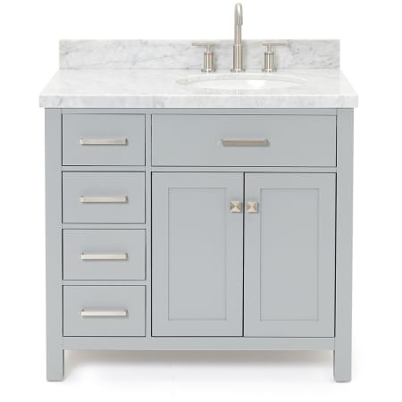 Ariel Bristol 37" Free Standing Single Oval Basin Vanity Set with Right Offset Cabinet and 1-1/2" Thick Carrara Marble Vanity Top Grey