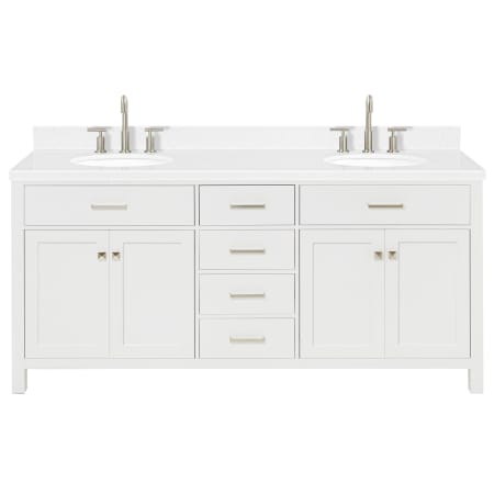 Ariel Bristol 72" Free Standing Double Basin Vanity Set with Cabinet, Quartz Vanity Top, and Oval Sink White