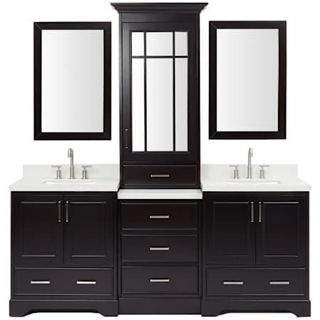 Ariel Stafford 85" Free Standing Double Basin Vanity Set with Cabinet, Quartz Vanity Top, Two Framed Mirrors, and Medicine Cabinet Espresso / Pure White Quartz Top / Brushed Nickel Hardware