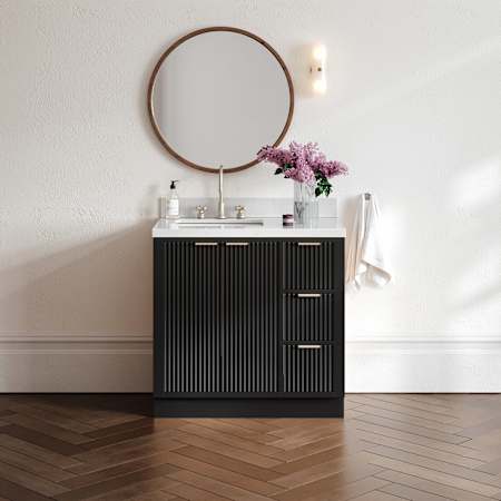 Ariel Milan 36" Free Standing Single Left Offset Basin Vanity Set with Cabinet and Quartz Vanity Top Black / Carrara White Quartz Top / Brushed Nickel Hardware