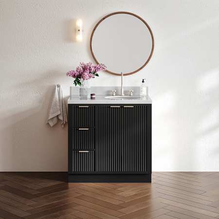 Ariel Milan 36" Free Standing Single Oval Basin Vanity Set with Cabinet and Quartz Vanity Top Black / Carrara White Quartz Top / Brushed Nickel Hardware
