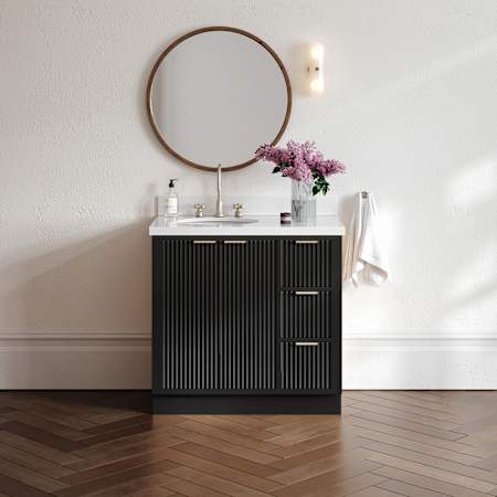 Ariel Milan 37" Free Standing Single Left Offset Oval Basin Vanity Set with Cabinet and Quartz Vanity Top Black / Pure White Quartz Top / Brushed Nickel Hardware