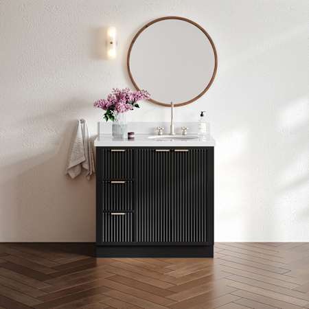 Ariel Milan 37" Free Standing Single Oval Basin Vanity Set with Cabinet and Quartz Vanity Top Black / Pure White Quartz Top / Brushed Nickel Hardware