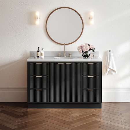 Ariel Milan 54" Free Standing Single Oval Basin Vanity Set with Cabinet and Quartz Vanity Top Black / Carrara White Quartz Top / Brushed Nickel Hardware