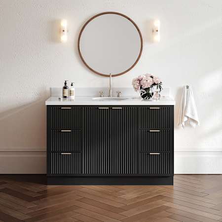 Ariel Milan 55" Free Standing Single Oval Basin Vanity Set with Cabinet and Quartz Vanity Top Black / Pure White Quartz Top / Brushed Nickel Hardware