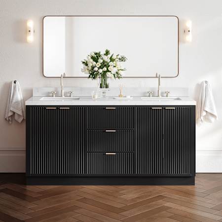 Ariel Milan 72" Free Standing Double Basin Vanity Set with Cabinet and Quartz Vanity Top Black / Carrara White Quartz Top / Brushed Nickel Hardware