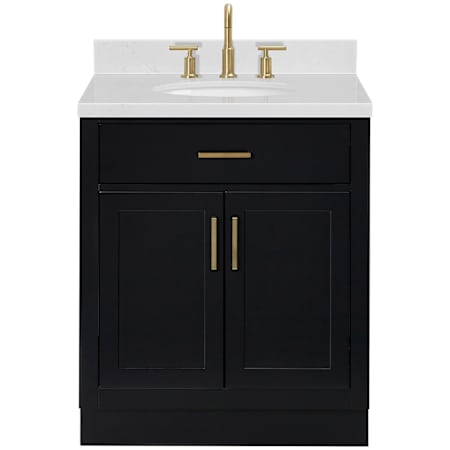 Ariel Hepburn 30" Free Standing Single Oval Basin Vanity Set with Cabinet and Quartz Vanity Top Black / Carrara White Quartz Top / Satin Brass Hardware