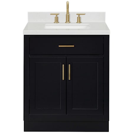 Ariel Hepburn 30" Free Standing Single Basin Vanity Set with Cabinet and Quartz Vanity Top Black / Carrara White Quartz / Satin Brass
