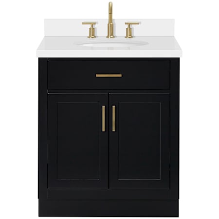Ariel Hepburn 31" Free Standing Single Oval Basin Vanity Set with Cabinet and Quartz Vanity Top Black / Pure White Quartz Top / Satin Brass Hardware
