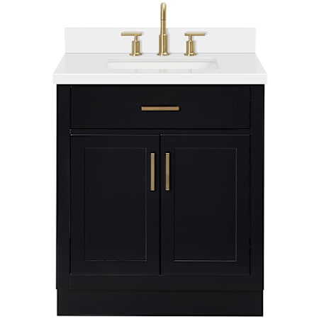 Ariel Hepburn 31" Free Standing Single Basin Vanity Set with Cabinet and Quartz Vanity Top Black / Pure White Quartz Top / Satin Brass Hardware