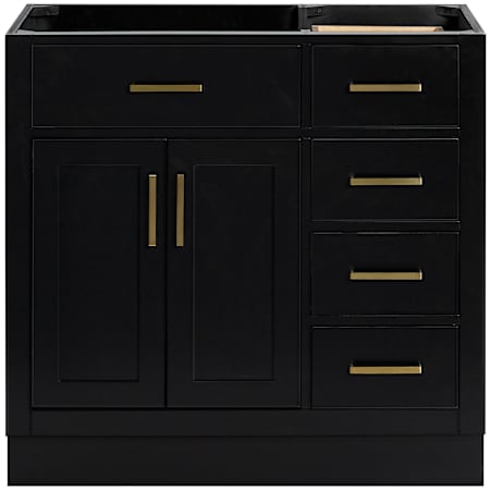 Ariel Hepburn 36" Single Free Standing Left Offset Vanity Cabinet Only - Less Vanity Top Black / Satin Brass Hardware