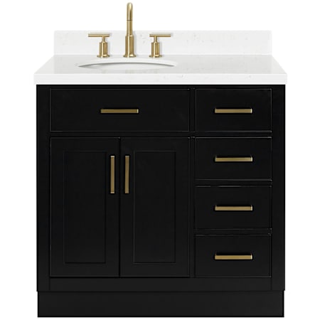Ariel Hepburn 36" Free Standing Single Oval Basin Vanity Set with Cabinet and Quartz Vanity Top with Left Offset Black / Carrara White Quartz / Satin Brass