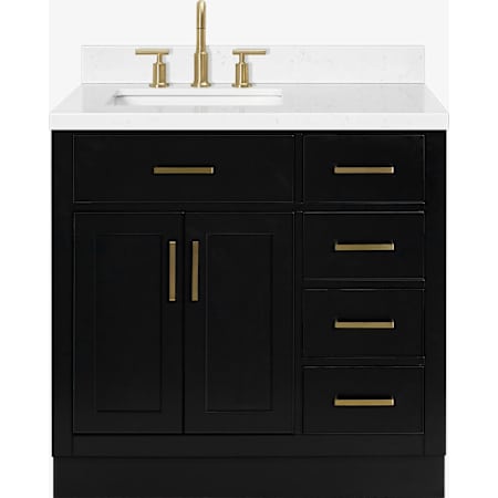 Ariel Hepburn 36" Free Standing Single Basin Vanity Set with Cabinet and Quartz Vanity Top with Left Offset Black / Carrara White Quartz Top / Satin Brass Hardware