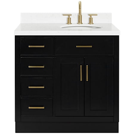 Ariel Hepburn 36" Free Standing Single Oval Basin Vanity Set with Cabinet and Quartz Vanity Top Black / Carrara White Quartz Top / Satin Brass Hardware