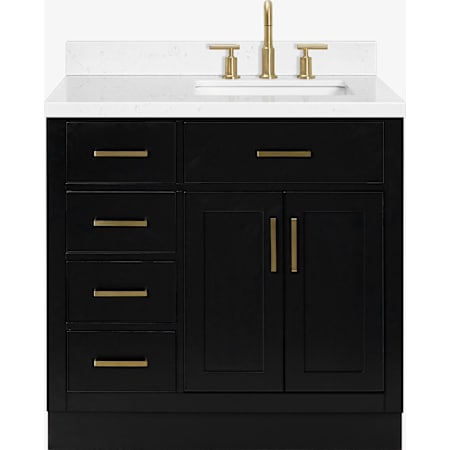 Ariel Hepburn 36" Free Standing Single Basin Vanity Set with Cabinet and Quartz Vanity Top with Right Offset Black / Carrara White Quartz Top / Satin Brass Hardware