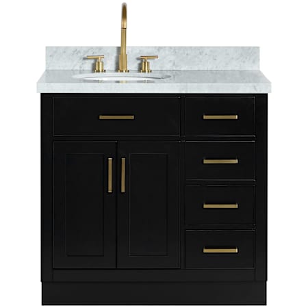Ariel Hepburn 37" Free Standing Single Left Offset Oval Basin Vanity Set with Cabinet and Marble Vanity Top Black / Italian Carrara Marble / Satin Brass