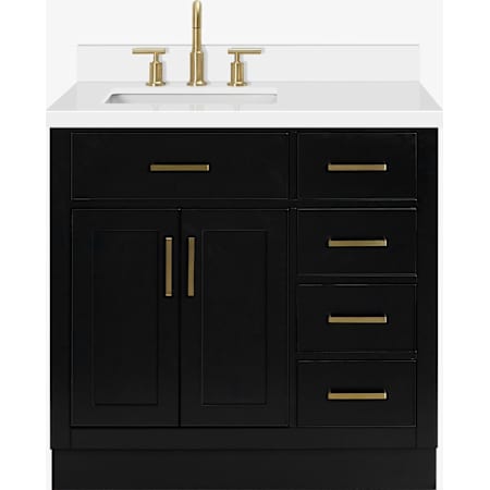 Ariel Hepburn 37" Free Standing Single Left Offset Basin Vanity Set with Cabinet and Quartz Vanity Top Black / Pure White Quartz Top / Satin Brass Hardware