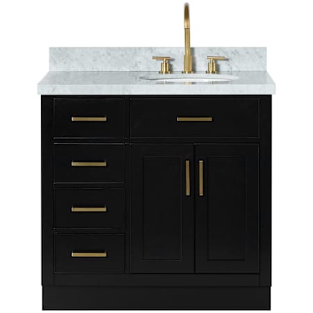 Ariel Hepburn 37" Free Standing Single Right Offset Oval Basin Vanity Set with Cabinet and Marble Vanity Top Black / Italian Carrara Marble Top / Satin Brass Hardware
