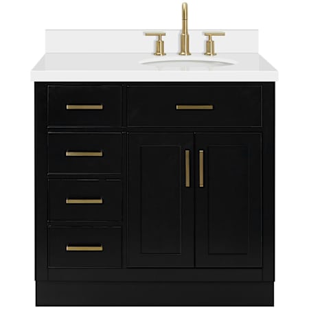 Ariel Hepburn 37" Free Standing Single Right Offset Basin Vanity Set with Cabinet and Quartz Vanity Top Black / Pure White Quartz Top / Satin Brass Hardware