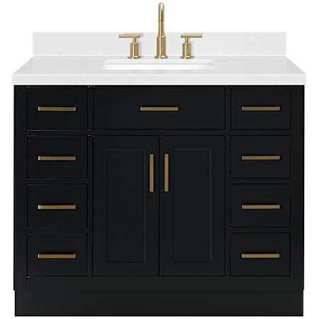 Ariel Hepburn 42" Free Standing Single Basin Vanity Set with Cabinet and Quartz Vanity Top Black / Carrara White Quartz Top / Satin Brass Hardware