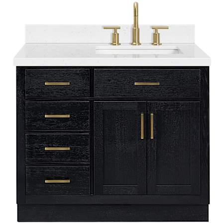 Ariel Hepburn 43" Free Standing Single Basin Vanity Set with Cabinet and Quartz Vanity Top Black Oak / Carrara White Quartz / Satin Brass Hardware
