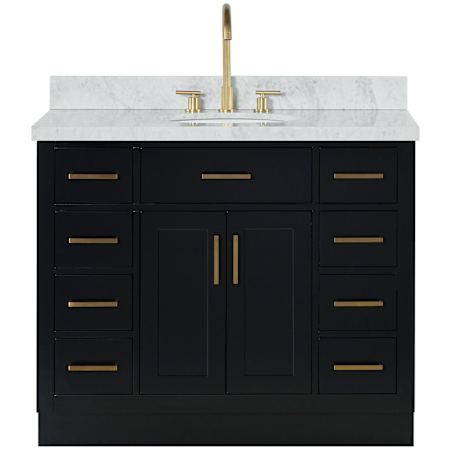 Ariel Hepburn 43" Free Standing Single Oval Basin Vanity Set with Cabinet and Marble Vanity Top Black / Italian Carrara Marble Top / Satin Brass Hardware