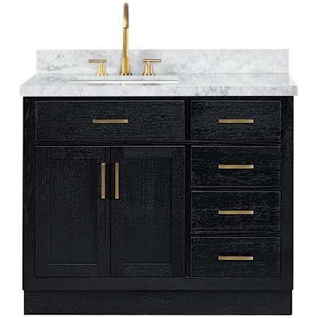 Ariel Hepburn 43" Free Standing Single Basin Vanity Set with Cabinet and Marble Vanity Top Black Oak / Carrara White Marble / Satin Brass Hardware
