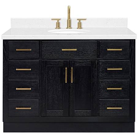 Ariel Hepburn 48" Free Standing Single Oval Basin Vanity Set with Cabinet and Quartz Vanity Top Black Oak / Carrara White Quartz / Satin Brass Hardware