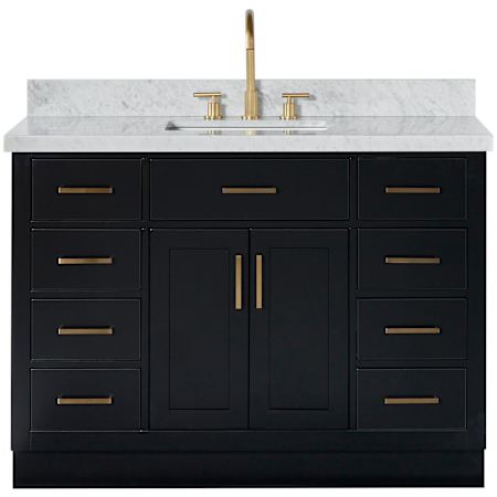 Ariel Hepburn 49" Free Standing Single Basin Vanity Set with Cabinet and Marble Vanity Top Black / Italian Carrara Marble Top / Satin Brass Hardware