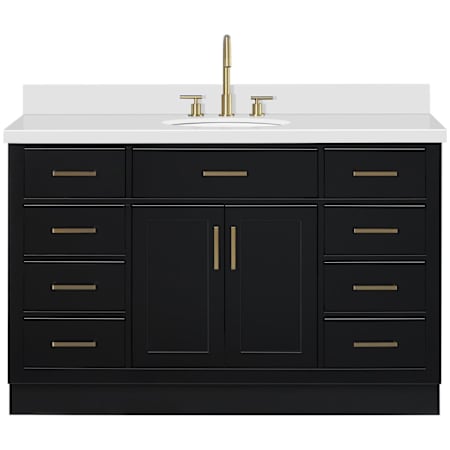 Ariel Hepburn 55" Free Standing Single Oval Basin Vanity Set with Cabinet and Quartz Vanity Top Black / Pure White Quartz / Satin Brass