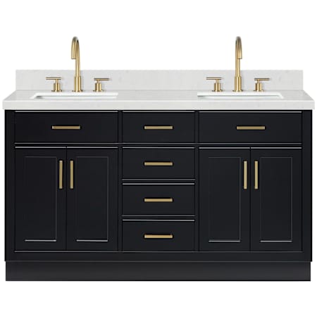 Ariel Hepburn 60" Free Standing Double Basin Vanity Set with Cabinet and Quartz Vanity Top Black / Carrara White Quartz / Satin Brass