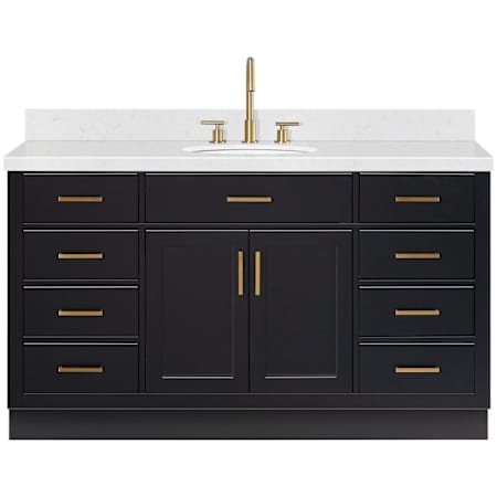 Ariel Hepburn 60" Free Standing Single Oval Basin Vanity Set with Cabinet and Quartz Vanity Top Black / Carrara White Quartz Top / Satin Brass Hardware
