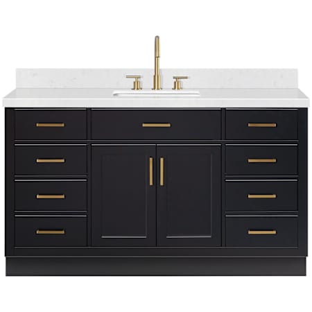 Ariel Hepburn 60" Free Standing Single Basin Vanity Set with Cabinet and Quartz Vanity Top Black / Carrara White Quartz Top / Satin Brass Hardware