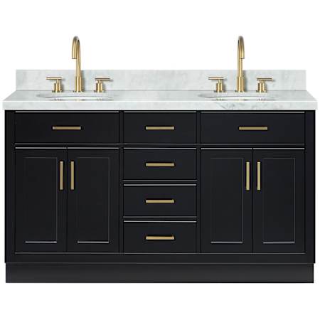 Ariel Hepburn 61" Free Standing Double Oval Basin Vanity Set with Cabinet and Marble Vanity Top Black / Italian Carrara Marble / Satin Brass