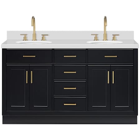 Ariel Hepburn 61" Free Standing Double Oval Basin Vanity Set with Cabinet and Quartz Vanity Top Black / Pure White Quartz Top / Satin Brass Hardware