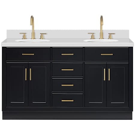 Ariel Hepburn 61" Free Standing Double Oval Basin Vanity Set with Cabinet and Quartz Vanity Top Black / Pure White Quartz / Satin Brass