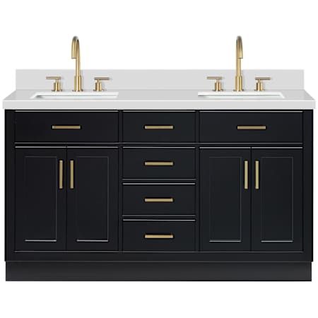 Ariel Hepburn 61" Free Standing Double Basin Vanity Set with Cabinet and Quartz Vanity Top Black / Pure White Quartz / Satin Brass