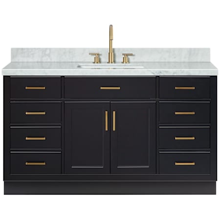 Ariel Hepburn 61" Free Standing Single Basin Vanity Set with Cabinet and Marble Vanity Top Black / Italian Carrara Marble / Satin Brass