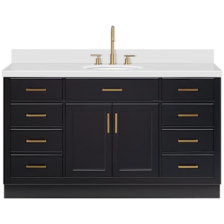 Ariel Hepburn 61" Free Standing Single Oval Basin Vanity Set with Cabinet and Quartz Vanity Top Black / Pure White Quartz Top / Satin Brass Hardware