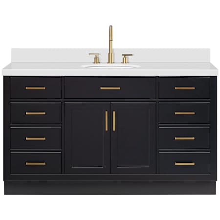 Ariel Hepburn 61" Free Standing Single Oval Basin Vanity Set with Cabinet and Quartz Vanity Top Black / Pure White Quartz / Satin Brass