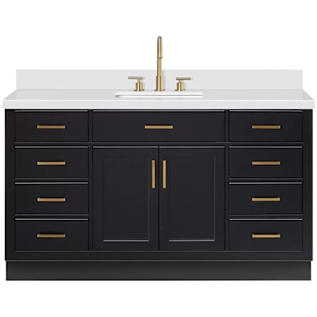 Ariel Hepburn 61" Free Standing Single Basin Vanity Set with Cabinet and Quartz Vanity Top Black / Pure White Quartz Top / Satin Brass Hardware