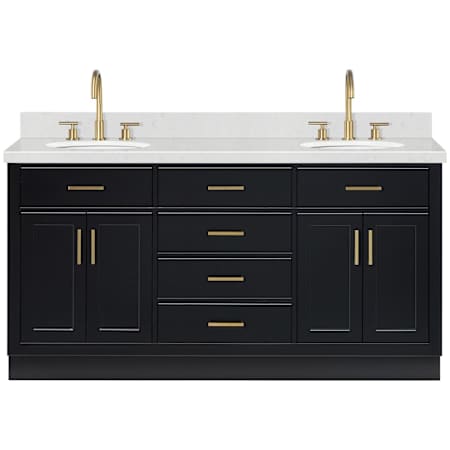 Ariel Hepburn 66" Free Standing Double Oval Basin Vanity Set with Cabinet and Quartz Vanity Top Black / Carrara White Quartz Top / Satin Brass Hardware