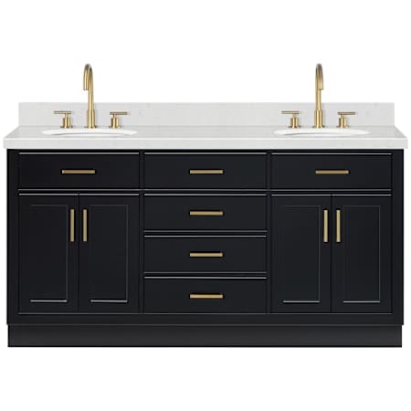 Ariel Hepburn 66" Free Standing Double Oval Basin Vanity Set with Cabinet and Quartz Vanity Top Black / Carrara White Quartz / Satin Brass