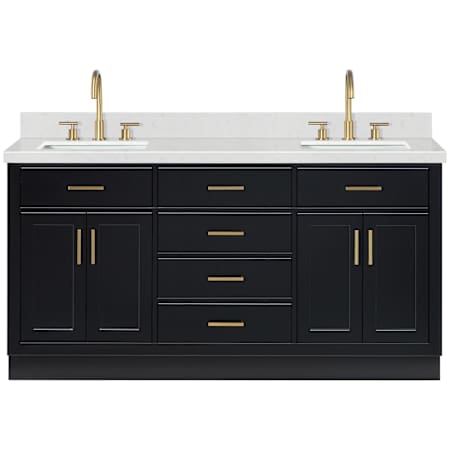 Ariel Hepburn 66" Free Standing Double Basin Vanity Set with Cabinet and Quartz Vanity Top Black / Carrara White Quartz Top / Satin Brass Hardware